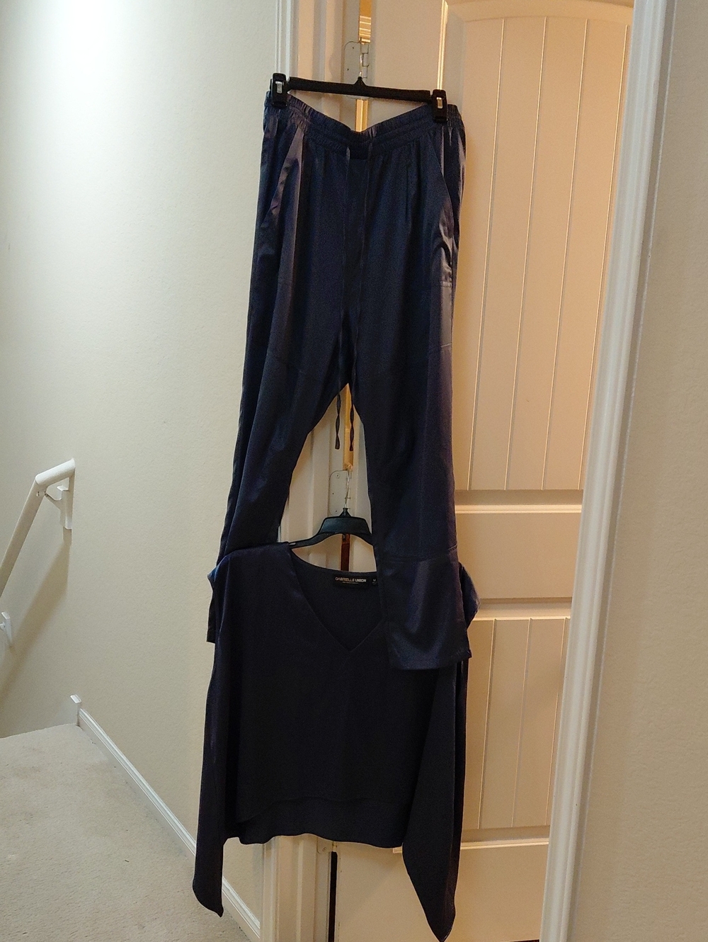 Dark Blue Satin-Trim Jogger Pants With Sleeveless Flare At Bottom Top